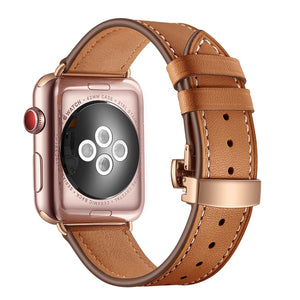 Genuine Leather + Butterfly Rose Gold Buckle Watch Band For Apple Watch Series 8&7 41mm / SE 2&6&SE&5&4 40mm / 3&2&1 38mm(Brown)