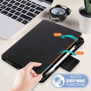 For iPad Air 2022 / 2020 10.9 / Pro 11 (2018) Cloth Texture Multi-folding Horizontal Flip PU Leather Shockproof Case with Holder & Sleep / Wake-up Function(Black)