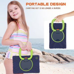 For iPad 9.7 inch (2018/2017) Silicone + PC Protective Case with Holder & Shoulder Strap(Navy Blue + Yellow Green)