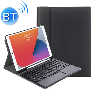YA102B-A Detachable Lambskin Texture Round Keycap Bluetooth Keyboard Leather Tablet Case with Touch Control & Pen Slot & Stand For iPad 10.2 (2020) & (2019) / Air 3 10.5 inch / Pro 10.5 inch(Black)