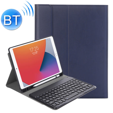 YA102B Detachable Lambskin Texture Round Keycap Bluetooth Keyboard Leather Tablet Case with Pen Slot & Stand For iPad 10.2 (2020) & (2019) / Air 3 10.5 inch / Pro 10.5 inch(Dark Blue)