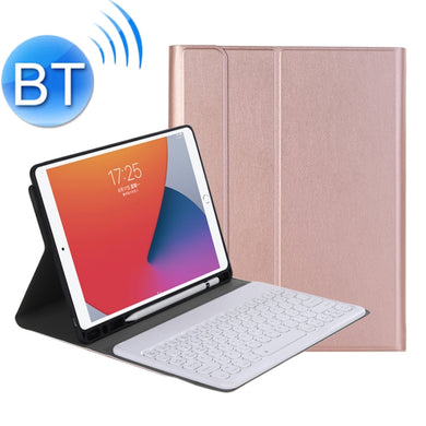 YA102B Detachable Lambskin Texture Round Keycap Bluetooth Keyboard Leather Tablet Case with Pen Slot & Stand For iPad 10.2 (2020) & (2019) / Air 3 10.5 inch / Pro 10.5 inch(Rose Gold)
