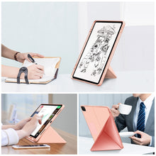 For iPad Pro 12.9 2022 / 2021Cloth Texture Multi-folding Horizontal Flip PU Leather Shockproof Tablet Case with Holder & Sleep / Wake-up Function(Rose Gold)