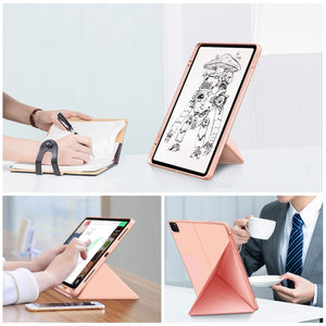 For iPad Pro 12.9 2022 / 2021Cloth Texture Multi-folding Horizontal Flip PU Leather Shockproof Tablet Case with Holder & Sleep / Wake-up Function(Rose Gold)