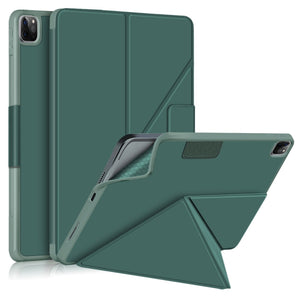 For iPad Pro 12.9 2022 / 2021Cloth Texture Multi-folding Horizontal Flip PU Leather Shockproof Tablet Case with Holder & Sleep / Wake-up Function(Dark Green)