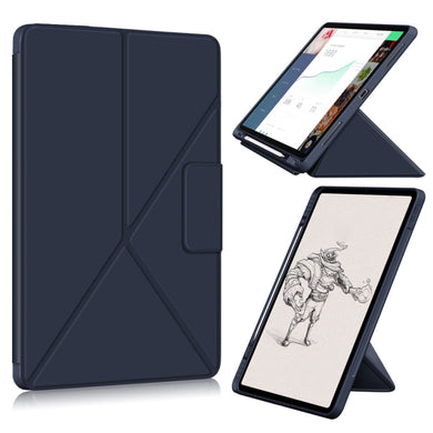 For iPad Pro 12.9 2022 / 2021Cloth Texture Multi-folding Horizontal Flip PU Leather Shockproof Tablet Case with Holder & Sleep / Wake-up Function (Dark Blue)