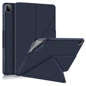 For iPad Pro 12.9 2022 / 2021Cloth Texture Multi-folding Horizontal Flip PU Leather Shockproof Tablet Case with Holder & Sleep / Wake-up Function (Dark Blue)