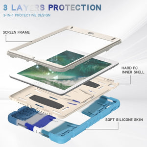 3-Layer Protection  Screen Frame + PC + Silicone Shockproof Combination Case with Holder For iPad 9.7 (2018) / (2017) / Air 2 / Pro 9.7(Colorful Blue)