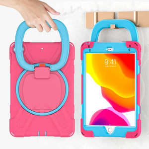 Silicone + PC Protective Case with Holder & Shoulder Strap For iPad mini 5 / 4(Rose Red+Blue)