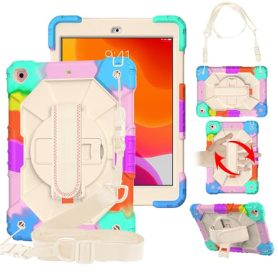 For iPad 10.2 2021 / 2020 / 2019 Contrast Color Robot Shockproof Silicon + PC Protective Case with Holder & Shoulder Strap(Colorful Mint Beige)