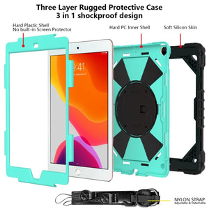 For iPad 10.2 2021 / 2020 / 2019 Contrast Color Robot Shockproof Silicon + PC Protective Case with Holder & Shoulder Strap(Black Mint)