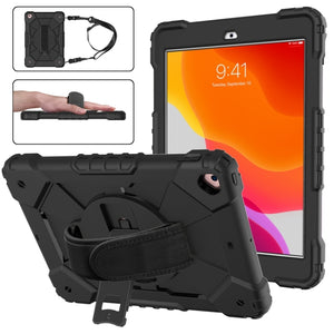 For iPad 10.2 2021 / 2020 / 2019 Contrast Color Robot Shockproof Silicon + PC Protective Case with Holder & Shoulder Strap(Black)