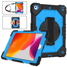 For iPad 10.2 2021 / 2020 / 2019 Contrast Color Robot Shockproof Silicon + PC Protective Case with Holder & Shoulder Strap(Black Blue)