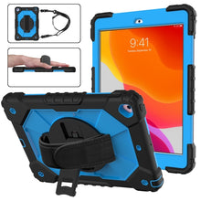 For iPad 10.2 2021 / 2020 / 2019 Contrast Color Robot Shockproof Silicon + PC Protective Case with Holder & Shoulder Strap(Black Blue)