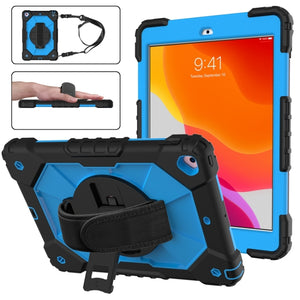 For iPad 10.2 2021 / 2020 / 2019 Contrast Color Robot Shockproof Silicon + PC Protective Case with Holder & Shoulder Strap(Black Blue)