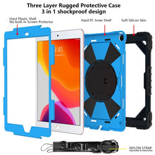 For iPad 10.2 2021 / 2020 / 2019 Contrast Color Robot Shockproof Silicon + PC Protective Case with Holder & Shoulder Strap(Black Blue)