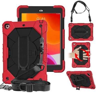 For iPad 10.2 2021 / 2020 / 2019 Contrast Color Robot Shockproof Silicon + PC Protective Case with Holder & Shoulder Strap(Red Black)