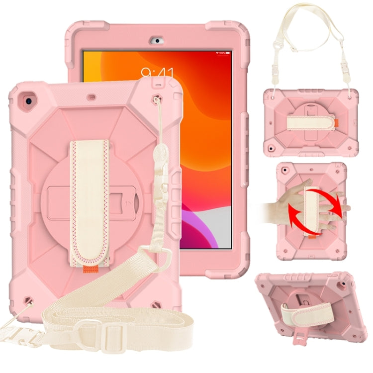 For iPad 10.2 2021 / 2020 / 2019 Contrast Color Robot Shockproof Silicon + PC Protective Case with Holder & Shoulder Strap(Rose Gold)