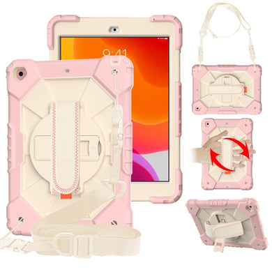 For iPad 10.2 2021 / 2020 / 2019 Contrast Color Robot Shockproof Silicon + PC Protective Case with Holder & Shoulder Strap(Rose Gold Beige)