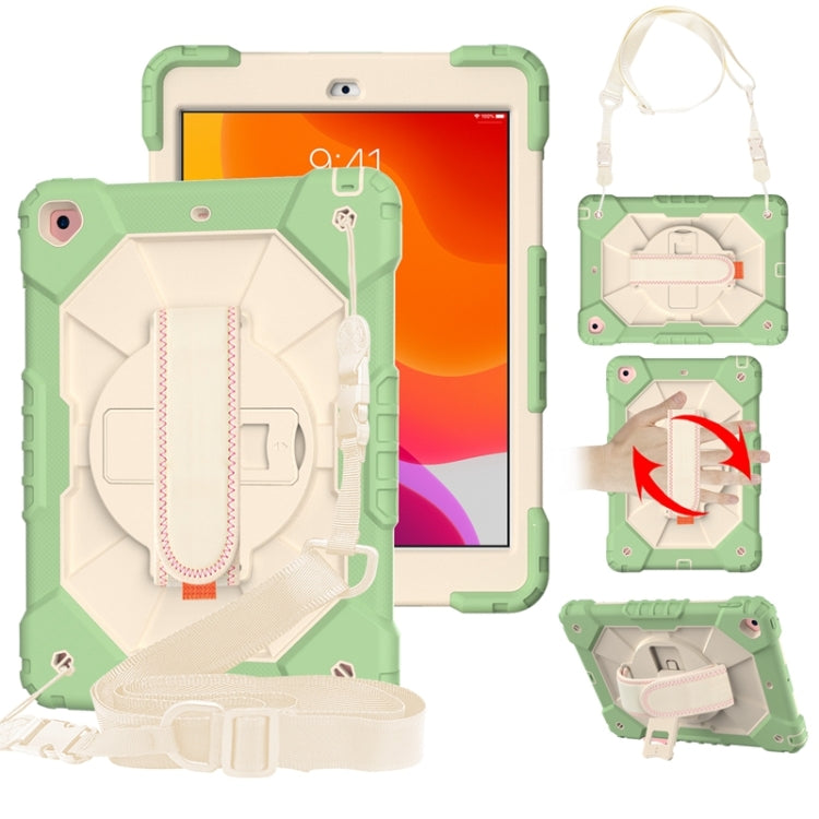 For iPad 10.2 2021 / 2020 / 2019 Contrast Color Robot Shockproof Silicon + PC Protective Case with Holder & Shoulder Strap(Matcha Green Beige)