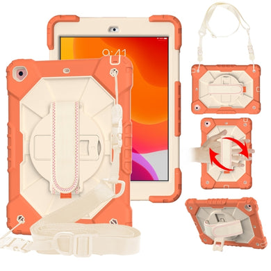 For iPad 10.2 2021 / 2020 / 2019 Contrast Color Robot Shockproof Silicon + PC Protective Case with Holder & Shoulder Strap(Coral Orange Beige)