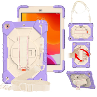 For iPad 10.2 2021 / 2020 / 2019 Contrast Color Robot Shockproof Silicon + PC Protective Case with Holder & Shoulder Strap(Purple Beige)