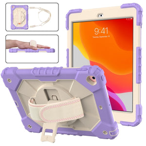 For iPad 10.2 2021 / 2020 / 2019 Contrast Color Robot Shockproof Silicon + PC Protective Case with Holder & Shoulder Strap(Purple Beige)
