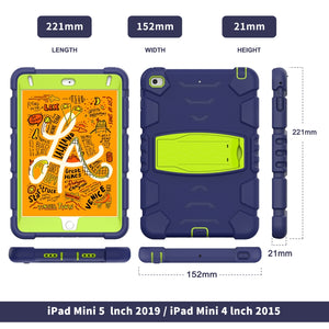 3-Layer Protection Screen Frame + PC + Silicone Shockproof Combination Case with Holder For iPad mini 5 / 4(Navy Blue + Lime)