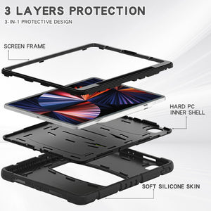 For iPad Pro 12.9 2022 / 2021 3-Layer Protection  Screen Frame + PC + Silicone Shockproof Combination Tablet Case with Holder(Black+Black)