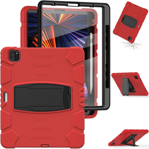 For iPad Pro 12.9 2022 / 2021 3-Layer Protection  Screen Frame + PC + Silicone Shockproof Combination Tablet Case with Holder(Red+Black)