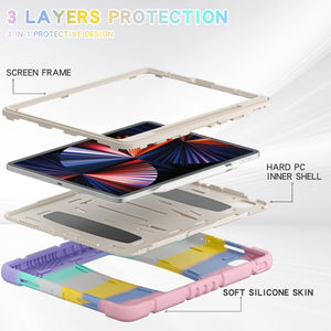 For iPad Pro 12.9 2022 / 2021 3-Layer Protection  Screen Frame + PC + Silicone Shockproof Combination Tablet Case with Holder(Colorful Pink)