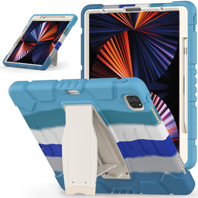 For iPad Pro 12.9 2022 / 2021 3-Layer Protection  Screen Frame + PC + Silicone Shockproof Combination Tablet Case with Holder(Colorful Blue)