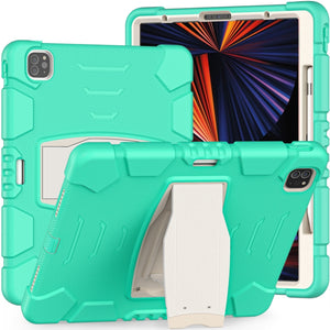 For iPad Pro 12.9 2022 / 2021 3-Layer Protection  Screen Frame + PC + Silicone Shockproof Combination Tablet Case with Holder(Mint Green)