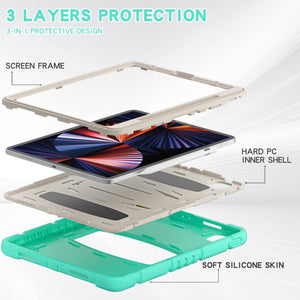 For iPad Pro 12.9 2022 / 2021 3-Layer Protection  Screen Frame + PC + Silicone Shockproof Combination Tablet Case with Holder(Mint Green)