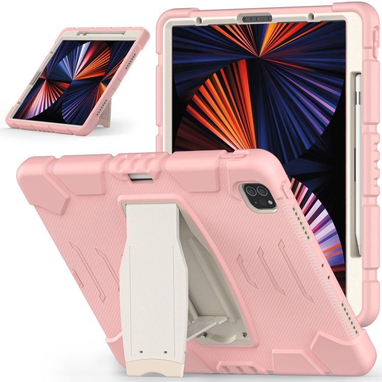 For iPad Pro 12.9 2022 / 2021 3-Layer Protection  Screen Frame + PC + Silicone Shockproof Combination Tablet Case with Holder(Cherry Blossoms Pink)