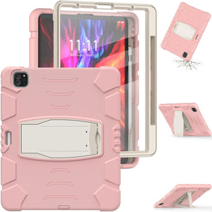 For iPad Pro 12.9 2020 3-Layer Protection  Screen Frame + PC + Silicone Shockproof Combination Tablet Case with Holder(Cherry Blossoms Pink)