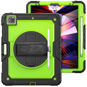 For iPad Pro 12.9 2022 / 2021 / 2020 / 2018 Shockproof Colorful Silicone + PC Protective Tablet Case with Holder & Shoulder Strap & Hand Strap & Pen Slot(Lime PC+Black)