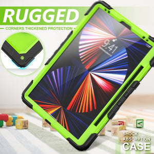For iPad Pro 12.9 2022 / 2021 / 2020 / 2018 Shockproof Colorful Silicone + PC Protective Tablet Case with Holder & Shoulder Strap & Hand Strap & Pen Slot(Lime PC+Black)