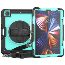 For iPad Pro 12.9 2022 / 2021 / 2020 / 2018 Shockproof Colorful Silicone + PC Protective Tablet Case with Holder & Shoulder Strap & Hand Strap & Pen Slot(Sky Blue PC+Black)
