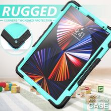 For iPad Pro 12.9 2022 / 2021 / 2020 / 2018 Shockproof Colorful Silicone + PC Protective Tablet Case with Holder & Shoulder Strap & Hand Strap & Pen Slot(Sky Blue PC+Black)