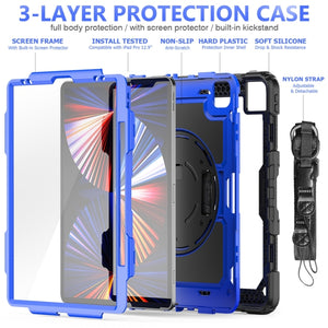 For iPad Pro 12.9 2022 / 2021 / 2020 / 2018 Shockproof Colorful Silicone + PC Protective Tablet Case with Holder & Shoulder Strap & Hand Strap & Pen Slot(Blue PC+Black)