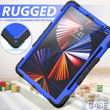 For iPad Pro 12.9 2022 / 2021 / 2020 / 2018 Shockproof Colorful Silicone + PC Protective Tablet Case with Holder & Shoulder Strap & Hand Strap & Pen Slot(Blue PC+Black)