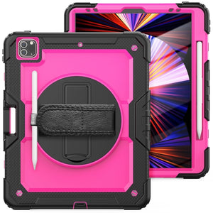 For iPad Pro 12.9 2022 / 2021 / 2020 / 2018 Shockproof Colorful Silicone + PC Protective Tablet Case with Holder & Shoulder Strap & Hand Strap & Pen Slot(Rose PC+Black)