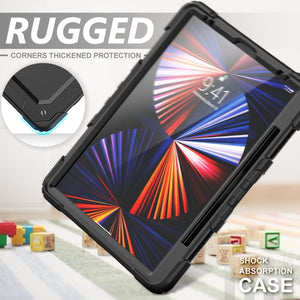 For iPad Pro 12.9 2022 / 2021 / 2020 / 2018 Shockproof Colorful Silicone + PC Protective Tablet Case with Holder & Shoulder Strap & Hand Strap & Pen Slot(All Black)