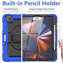 For iPad Pro 12.9 2022 / 2021 / 2020 / 2018 Shockproof Colorful Silicone + PC Protective Tablet Case with Holder & Shoulder Strap & Hand Strap & Pen Slot(Blue Silicone)