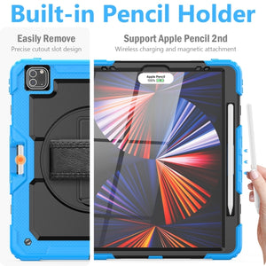 For iPad Pro 12.9 2022 / 2021 / 2020 / 2018 Shockproof Colorful Silicone + PC Protective Tablet Case with Holder & Shoulder Strap & Hand Strap & Pen Slot(Sky Blue Silicone)