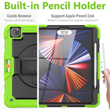 For iPad Pro 12.9 2022 / 2021 / 2020 / 2018 Shockproof Colorful Silicone + PC Protective Tablet Case with Holder & Shoulder Strap & Hand Strap & Pen Slot(Lime Silicone)