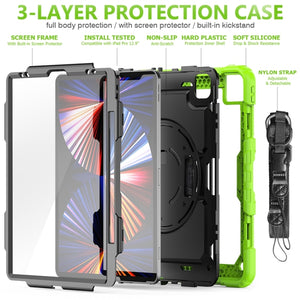 For iPad Pro 12.9 2022 / 2021 / 2020 / 2018 Shockproof Colorful Silicone + PC Protective Tablet Case with Holder & Shoulder Strap & Hand Strap & Pen Slot(Lime Silicone)