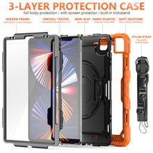 For iPad Pro 12.9 2022 / 2021 / 2020 / 2018 Shockproof Colorful Silicone + PC Protective Tablet Case with Holder & Shoulder Strap & Hand Strap & Pen Slot(Orange Silicone)