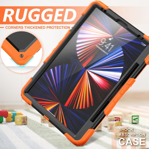 For iPad Pro 12.9 2022 / 2021 / 2020 / 2018 Shockproof Colorful Silicone + PC Protective Tablet Case with Holder & Shoulder Strap & Hand Strap & Pen Slot(Orange Silicone)